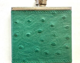 vintage 1980s SIR RONDO'S teal green ostrich leather small pocket purse FLASK bottle