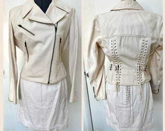zeldzame vintage L/Z 1991 AZZEDINE ALAIA crème denim veterrok bomberjack set 8 10