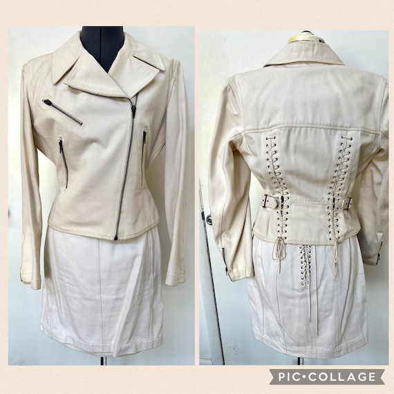 Azzedine Alaïa, rare vintage S/S 1991 AZZEDINE ALAIA cream denim Lace Up skirt bomber jacket set 8 10