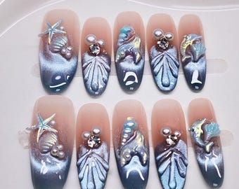 Künstliche Fingernägel im Katzenaugen-Design | 3D-Nagelset mit Delfin, Muschel und Seestern | Handgefertigte Meerjungfrauen-Strand-Fake-Nägel | Sommerurlaubsgeschenk