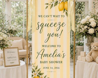 Personalized Lemon Baby Shower Welcome Banner, We Can’t Wait To Squeeze You Fabric Sign, Custom Citrus Girl Shower Tapestry Party Decor