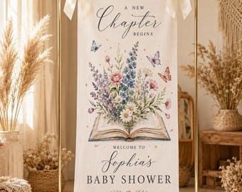 Personalized A New Chapter Begins Baby Shower Banner, Floral Book Theme Baby Shower Tapestry, Baby Welcome Sign, Custom Baby Backdrop