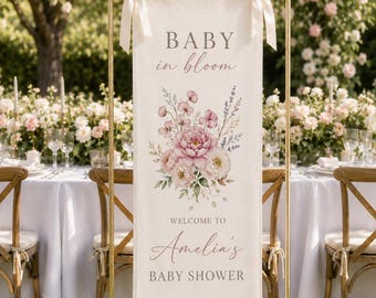 Personalized Baby in Bloom Baby Shower Sign, Floral Baby Welcome Banner, Custom Name Baby Shower Tapestry, Flower Hello Baby Backdrop Decor