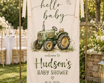 Personalized Green Tractor Baby Shower Fabric Sign, Farm Theme Welcome Banner, Custom Baby Shower Entrance Decor, Baby Tapestry Backdrop