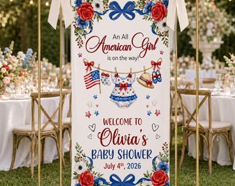 Personalized All American Girl Baby Shower Banner, 4th of July Backdrop, Patriotic Baby Tapestry Red White and Due Baby Shower Decor