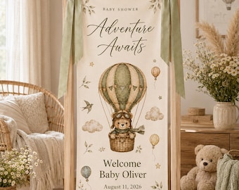 Personalized Adventure Awaits Baby Shower Sign, Custom Teddy Bear Welcome Banner, Boy Celebrating Party Decor, Linen Backdrop Tapestry