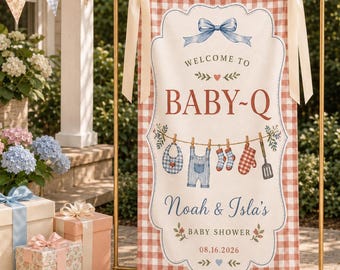 Personalized BabyQ Baby Shower Sign, BBQ Party Theme Baby Shower Decor, Baby Welcome Banner, Custom Picnic Hello Baby Tapestry Backdrop