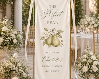 Letrero de bienvenida personalizado para despedida de soltera con diseño de pera, pancarta personalizada para despedida de soltera "La Pera Perfecta", fondo de tela para fiesta de despedida de soltera