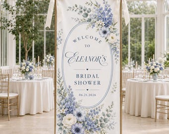 Personalized Bridal Shower Banner, Custom Garden Party Backdrop, Blue Floral Welcome Sign, Elegant Bride Celebration Decor, Event Tapestry