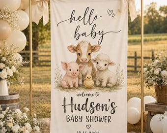 Personalized Farm Animals Baby Shower Sign, Baby Shower Party Welcome Banner, Custom Name Baby Shower Tapestry, Fabric Baby Backdrop Decor