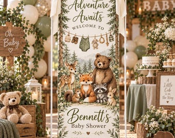 Personalized Woodland Baby Shower Banner Custom Forest Animals Welcome Sign Fabric Adventure Awaits Backdrop Cute Baby Shower Tapestry Decor