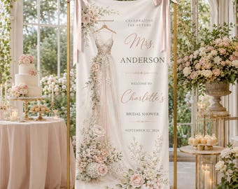 Custom Bridal Shower Fabric Welcome Sign, Personalized Floral Wedding Dress Bridal Shower Banner, Bride To Be Party Backdrop Tapestry Decor
