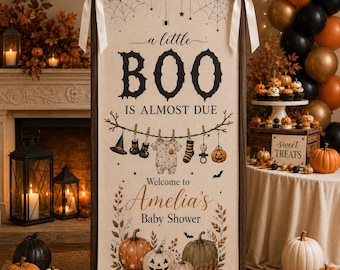 Pancarta personalizada para baby shower con temática de Halloween, cartel de bienvenida "Un pequeño fantasma está por llegar", tapiz de fondo para baby shower con temática de Halloween.