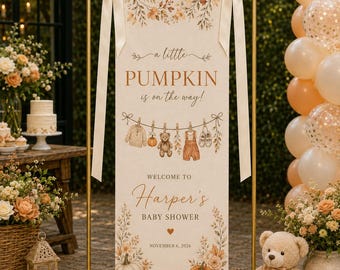 Letrero personalizado de bienvenida para bebé con forma de calabaza, pancarta para baby shower con temática otoñal, tapiz de tela personalizado, decoración de fondo para baby shower.