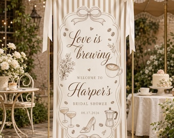 Custom Love Is Brewing Bridal Shower Sign, Coffee Theme Bridal Shower Banner, Personalized Bridal Shower Backdrop, Tapestry Wedding Decor
