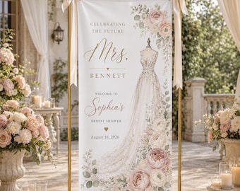 Personalized Wedding Dress Bridal Shower Sign, Custom Bridal Shower Welcome Banner, Fabric Floral Tapestry, Bride To Be Party Backdrop Decor