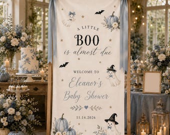 Custom Halloween Theme Baby Shower Sign, A Little Boo Is Almost Due Welcome Banner, Pumpkin Ghost Baby Shower Backdrop Decor