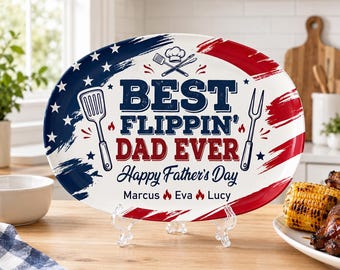 Gepersonaliseerde beste flippin papa ooit grillplaat, aangepaste patriottische BBQ-schotel met kindernamen voor papa, vaderdagcadeau Amerikaanse vlag ontwerp