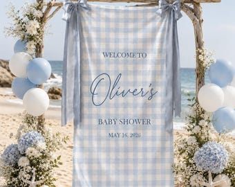 Personalized Name Baby Shower Tapestry, Custom Baby Welcome Sign, Blue Checkered Baby Shower Banner, Baby Party Backdrop Decor