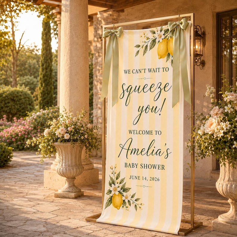 Pancarta de bienvenida personalizada para baby shower con temática de limones, letrero de tela "We Can't Wait To Squeeze You" (¡Estamos deseando apretarte!), tapiz personalizado para baby shower con temática cítrica. imagen 4
