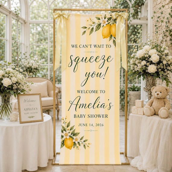 Personalized Lemon Baby Shower Welcome Banner, We Can’t Wait To Squeeze You Fabric Sign, Custom Citrus Girl Shower Tapestry Party Decor