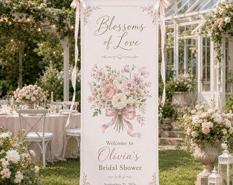 Personalized Bridal Shower Welcome Banner, Love in Bloom Wedding Sign, Floral Bridal Shower Garden Party Decor, Fabric Bride to Be Tapestry