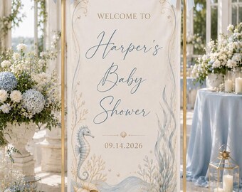 Letrero personalizado para baby shower con temática costera, pancarta de bienvenida con conchas marinas y océano, telón de fondo personalizado para baby shower con temática playera, decoración de fiesta con tapiz neutro