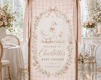 Personalized Silly Goose Baby Shower Sign, Cute Goose Welcome Banner, Fabric Tapestry, Pink Gingham Baby Shower Backdrop, Baby Shower Decor