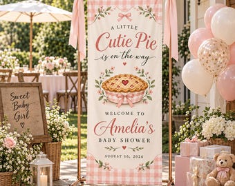 Personalized A Little Cutie Pie Baby Shower Banner, Custom Gingham Welcome Sign, Baby Shower Backdrop Party Decor, Baby Girl Shower Tapestry