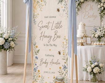 Personalized Honey Bee Baby Shower Sign, Cute Baby Welcome Banner, Wildflower Baby Name Sign, Botanical Backdrop Decor