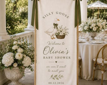 Personalized Silly Goose Baby Shower Sign, Custom Baby Welcome Banner, Neutral Goose Tapestry, Fabric Baby Shower Backdrop Party Decor