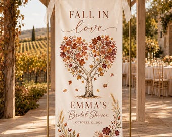 Custom Fall In Love Bridal Shower Banner, Personalized Bridal Shower Welcome Sign, Autumn Theme Wedding Decor, Fabric Bridal Shower Backdrop