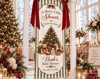 Personalized Christmas Baby Shower Banner Custom Merry Little Shower Backdrop Decor Baby Shower Party Welcome Sign Xmas Tree Winter Tapestry