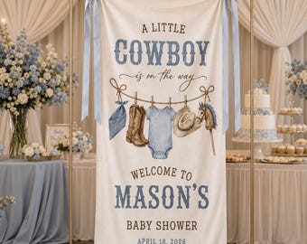 Personalized Cowboy Baby Shower Tapestry, A Little Cowboy Is On The Way Banner, Western Theme Baby Welcome Sign, Baby Boy Backdrop Decor