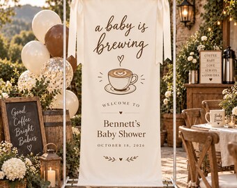 Personalized Fabric Baby Shower Sign, A Baby Is Brewing Welcome Banner, Custom Coffee Theme Baby Shower Backdrop Decor, Baby Shower Tapestry