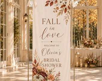 Personalized Fall Theme Bridal Shower Sign, Fall in Love Pumpkin Wedding Welcome Banner, Custom Autumn Bridal Shower Party Decor