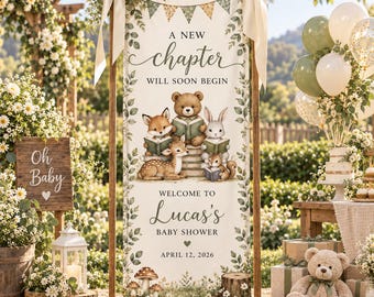 Personalized Woodland Baby Shower Banner, A New Chapter Begin Welcome Sign, Custom Animals Baby Shower Tapestry, Baby Backdrop Party Decor