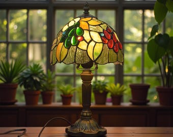 Può includere: Lampada da tavolo in vetro colorato con un design floreale colorato. La lampada ha una base e uno stelo in bronzo e un paralume con pezzi di vetro giallo, verde e rosso. La lampada è su un tavolo di legno.