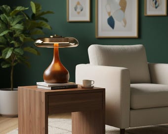 May include: A modern wooden table lamp with a brown base and a clear, rounded top. The lamp sits on a wooden side table next to a cream-colored armchair. A small teacup and books are also on the table. The background features framed artwork and a green wall.