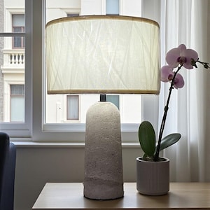 May include: A modern table lamp with a textured, light gray concrete base and a cream-colored lampshade. A potted orchid with pink flowers sits nearby. The lamp is on a wooden table near a window.