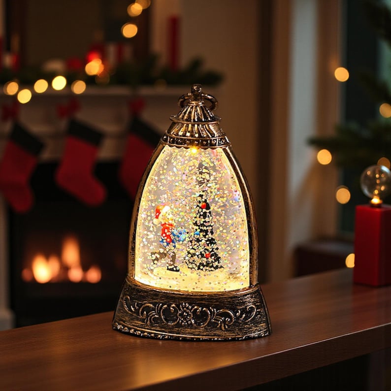 Santa Snow Globe Lantern | Brushed Gold Christmas Night Light - Etsy
