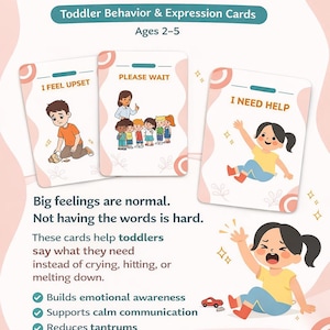 Könnte beinhalten: Lehrkarten für Kleinkinder mit dem Titel "Words Before Tantrums". Die Karten zeigen Illustrationen von Kindern, die Emotionen ausdrücken, und Sätze wie "I Feel Upset" und "I Need Help". Die Karten sind für Kinder im Alter von 2-5 Jahren konzipiert.