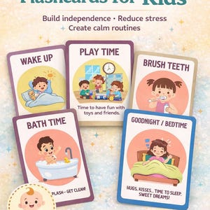 Op de afbeelding: Kleurrijke flashcards voor kinderen, met illustraties van dagelijkse routines zoals wakker worden, speeltijd, tandenpoetsen, badtijd en bedtijd. De kaarten zijn ontworpen voor kinderen van 2-6 jaar en bevorderen onafhankelijkheid en stressvermindering.