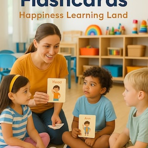 May include: A teacher shows body parts flashcards to three children. The flashcards are part of a set titled "Body Parts Flashcards" from "Happiness Learning Land". The children are seated on the floor, with flashcards showing "Head" and "Arm".
