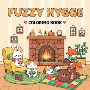 May include: The cover of a "Fuzzy Hygge Coloring Book" shows a warm, inviting scene with a fireplace, a yellow armchair, and cartoon animals. The title "Fuzzy Hygge Coloring Book" is displayed. A bunny, cat, dog, fox, and bear are in the scene.