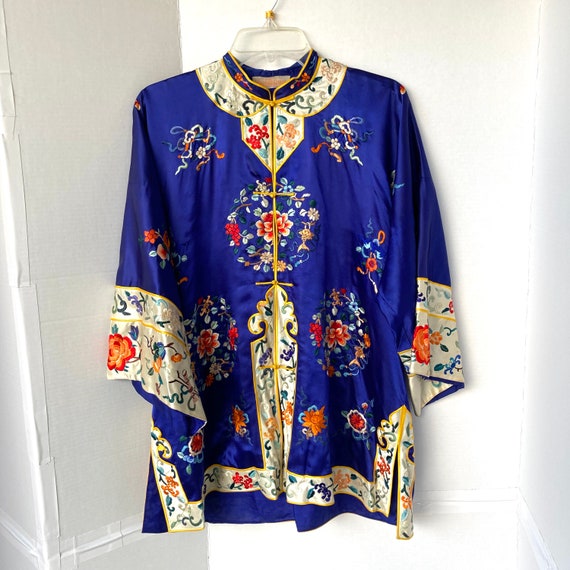 Vintage Embroidered Royal Blue Chinese Silk Pajama
