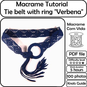 May include: A navy blue macrame tie belt with a ring, featuring a diamond pattern and a knotted tassel. The belt is handmade and includes the text "Macrame Tutorial Tie belt with ring "Verbena".