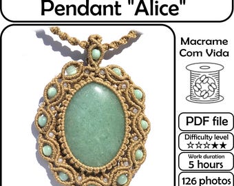 Macrame Tutorial Pendant Alice, Wrapped Stone Macrame Necklace Pattern, Micro macrame jewelry