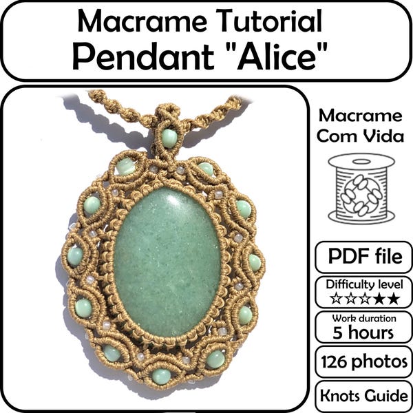 Macrame Tutorial Pendant Alice, Wrapped Stone Macrame Necklace Pattern, Micro macrame jewelry