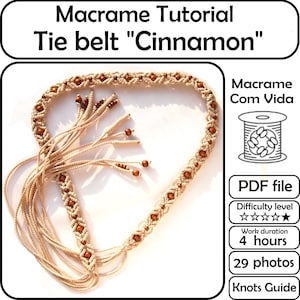 Macrame PDF tutorial Tie belt "Cinnamon" with beads and tassels, beginner macrame belt pattern